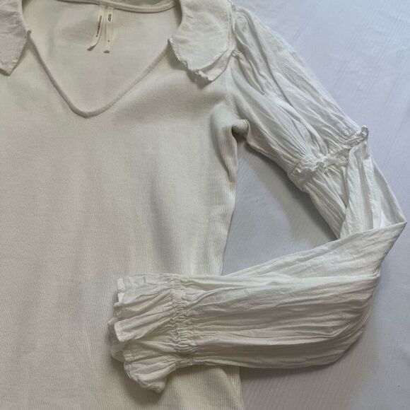 By Anthropologie Ruffled Ivory Blouse Top Ribbed Long Sleeve Ivory Size Small - Picture 2 of 9